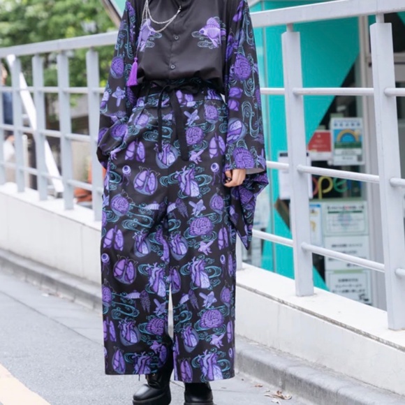 Japanese unisex samurai wide pants hakama goth trousers Japan size S m acdc rag - Picture 3 of 12